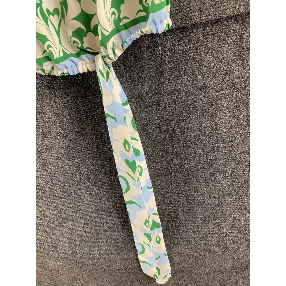 CeCe Ruffle Sleeve Blouse L Damask Blue Green Off Shoulder Smocked Waist Top New - Picture 9 of 10